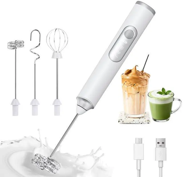 Main image of Handheld Rechargeable Milk Frother, Electric Coffee Frother with 3 Replaceable Head, USB-C Charging Mini Foam Maker for Latte,Cappuccino, Matcha, Hot Chocolate (White)
