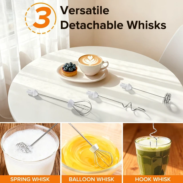 Alt view image 3 of 7 - Handheld Rechargeable Milk Frother, Electric Coffee Frother with 3 Replaceable Head, USB-C Charging Mini Foam Maker for Latte,Cappuccino, Matcha, Hot Chocolate (White)