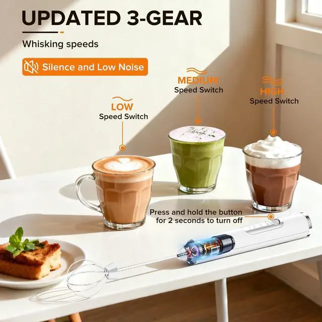 Alt view image 4 of 7 - Handheld Rechargeable Milk Frother, Electric Coffee Frother with 3 Replaceable Head, USB-C Charging Mini Foam Maker for Latte,Cappuccino, Matcha, Hot Chocolate (White)