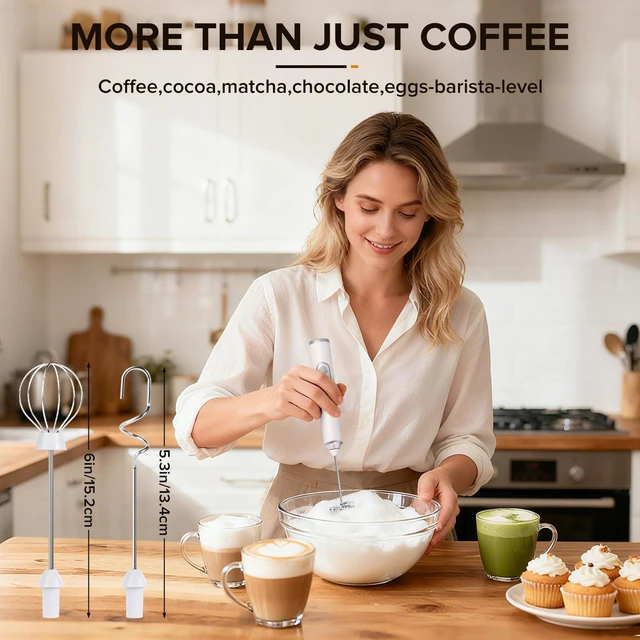 Alt view image 7 of 7 - Handheld Rechargeable Milk Frother, Electric Coffee Frother with 3 Replaceable Head, USB-C Charging Mini Foam Maker for Latte,Cappuccino, Matcha, Hot Chocolate (White)