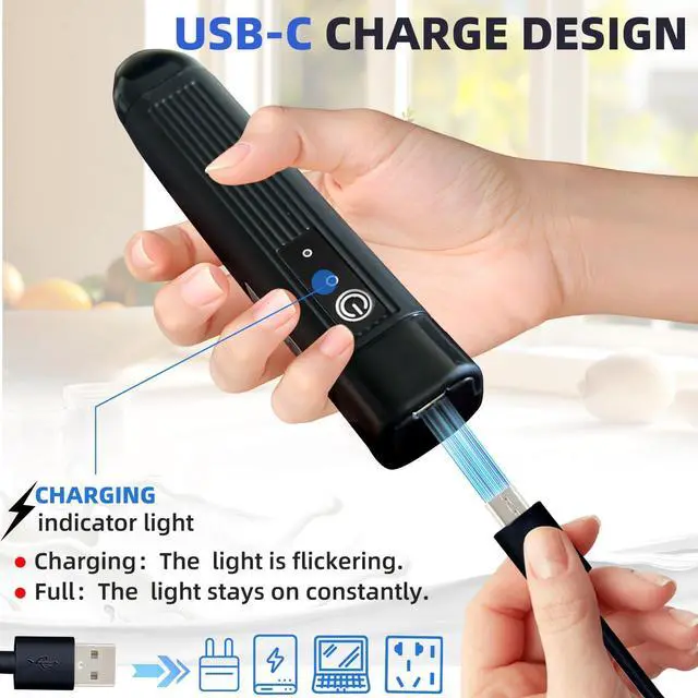 Alt view image 3 of 7 - Rechargeable Milk Frother Handheld, 3 Speeds Electric Coffee Mixer Wand with Stainless Steel Whisk for Hot Chocolate, Eggs, Latte, Cappuccino (Black)
