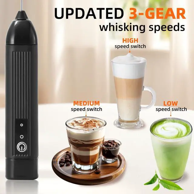 Alt view image 5 of 7 - Rechargeable Milk Frother Handheld, 3 Speeds Electric Coffee Mixer Wand with Stainless Steel Whisk for Hot Chocolate, Eggs, Latte, Cappuccino (Black)