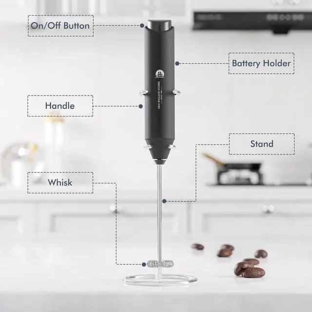 Alt view image 5 of 6 - Powerful Milk Frother Handheld Foam Maker, Mini Whisk Drink Mixer for Coffee, Cappuccino, Latte, Matcha, Hot Chocolate, With Stand, Black