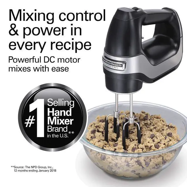 Alt view image 2 of 7 - Hamilton Beach Professional 7-Speed Digital Electric Hand Mixer with High-Performance DC Motor, Slow Start, Snap-On Storage Case, SoftScrape Beaters, Whisk, Dough Hooks, Matte Black (62655)