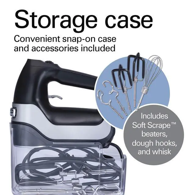 Alt view image 4 of 7 - Hamilton Beach Professional 7-Speed Digital Electric Hand Mixer with High-Performance DC Motor, Slow Start, Snap-On Storage Case, SoftScrape Beaters, Whisk, Dough Hooks, Matte Black (62655)