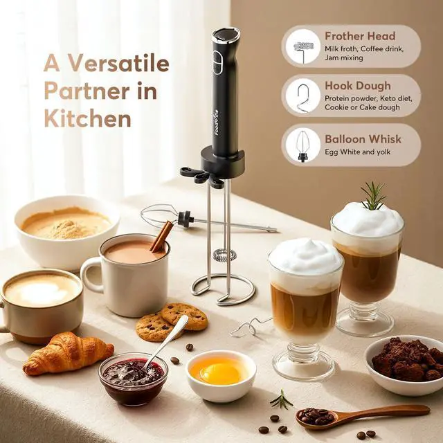 Alt view image 6 of 7 - MF06 Rechargeable Milk Frother 1800 Mah with 9 Speed and 3 Frother, LED Display Screen, Storage Stand, for Coffee Milk Foam, Cappuccino, Latte, Keto Diet, Protein Powder, Matcha, Bulletproof