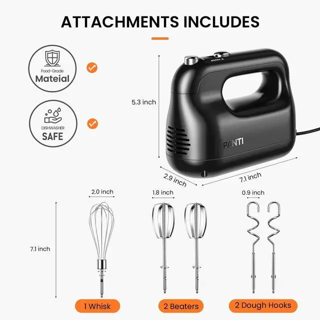 Alt view image 2 of 7 - Hand Mixer Electric, PANTI Kitchen Handheld Small Mixer with Beaters and Whisk, 5 Dishwasher-safe Accessories, 5 Speeds & Eject Button, Portable Mixers for Easy Whipping Dough, Cake and Cream, HM3002