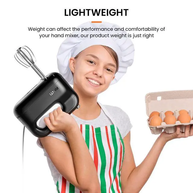 Alt view image 5 of 7 - Hand Mixer Electric, PANTI Kitchen Handheld Small Mixer with Beaters and Whisk, 5 Dishwasher-safe Accessories, 5 Speeds & Eject Button, Portable Mixers for Easy Whipping Dough, Cake and Cream, HM3002