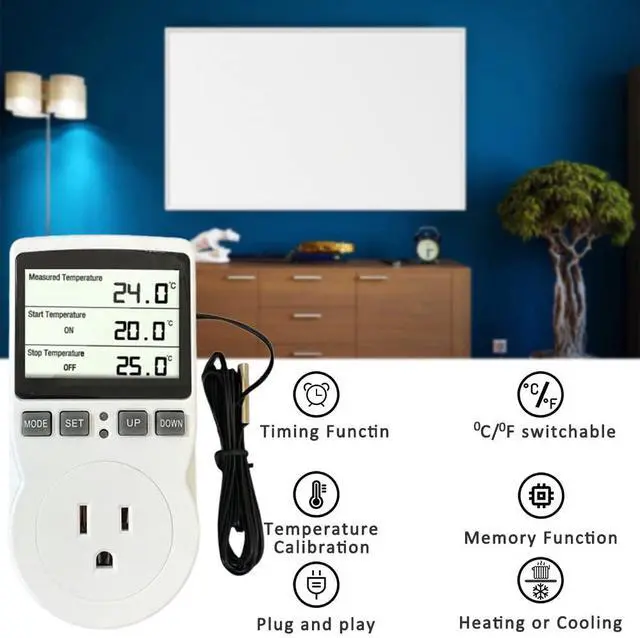 Alt view image 4 of 5 - Plug in Thermostat Temperature Controller Heavy Duty Digital Thermostat Outlet Plug Heating Cooling Mode Countdown Timer