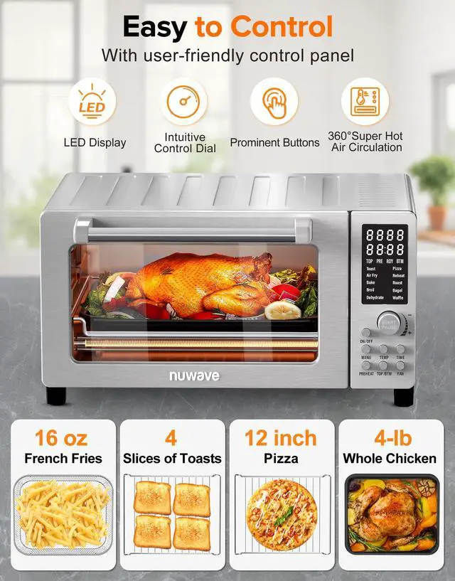 Alt view image 6 of 7 - Nuwave Bravo Pro Smart 21QT Toaster Oven Air Fryer Combo, Convection Oven Countertop, 10 functions all in 1, with even & quick crisp technology, 50-450°F, 1800W, Stainless Steel