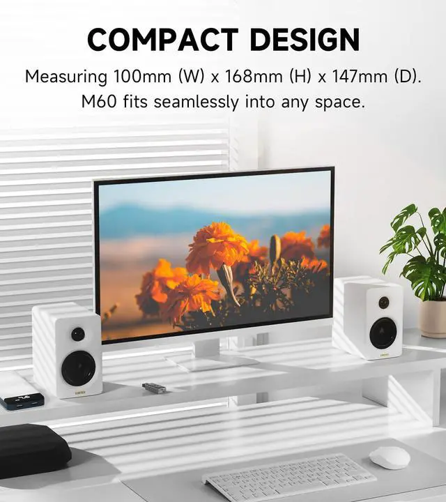 Alt view image 2 of 7 - Edifier M60 Multimedia Speaker Bluetooth 5.3, 66W RMS, Hi-Res Audio & Hi-Res Wireless Audio, LDAC,3" Mid Bass & 1" Tweeter, USB-C & Aux Inputs, Compact Desktop Speaker - White