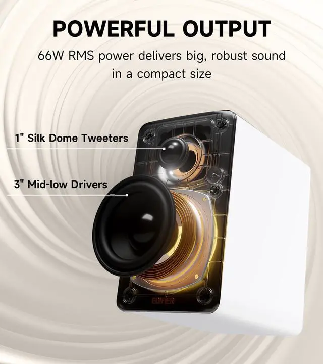 Alt view image 3 of 7 - Edifier M60 Multimedia Speaker Bluetooth 5.3, 66W RMS, Hi-Res Audio & Hi-Res Wireless Audio, LDAC,3" Mid Bass & 1" Tweeter, USB-C & Aux Inputs, Compact Desktop Speaker - White