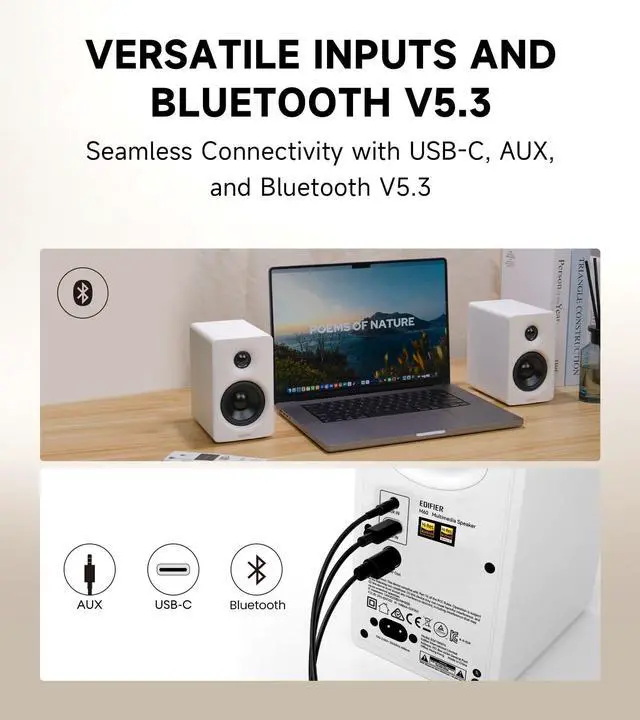 Alt view image 5 of 7 - Edifier M60 Multimedia Speaker Bluetooth 5.3, 66W RMS, Hi-Res Audio & Hi-Res Wireless Audio, LDAC,3" Mid Bass & 1" Tweeter, USB-C & Aux Inputs, Compact Desktop Speaker - White