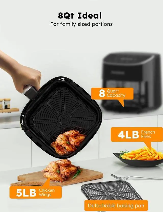 Alt view image 3 of 6 - Nuwave Brio Plus 8 Qt Air Fryer, PFAS Free, New & Improved, Digital Touch Screen, Cool White Display, 50°F~400°F in Precise 5°, 5 Cook Functions, 100 Presets & 50 Memory, 3 Wattages 700, 1500, 1800