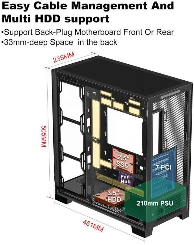 Alt view image 13 of 14 - SAMA 4503 Dual USB3.0 and Type C Tempered Glass ATX Mid Tower Gaming PC Computer Case, w/ 4 x 120mm ARGB Fans (3 x MB Side, 1 x Rear) Pre-Installed, Back Plug Motherboard Design