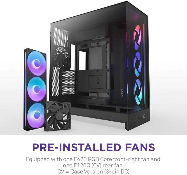 Alt view image 10 of 14 - NZXT H9 Flow RGB (2025)  Large Dual-Chamber ATX Mid-Tower Airflow PC Case  Includes 1 x 420mm RGB Fan Unit & 1 x 120mm Fan  420mm Radiator Support  Tempered Glass  Back-Connect Ready  Black