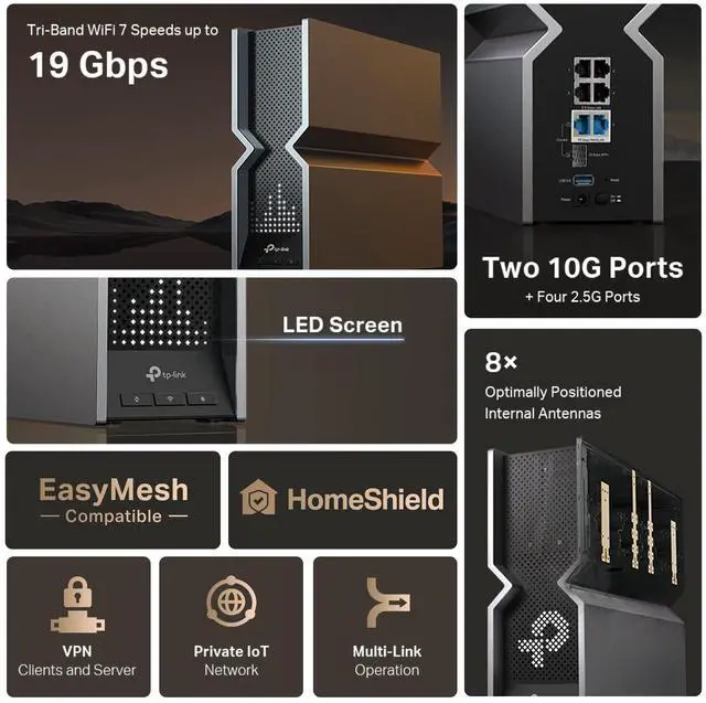 Alt view image 8 of 12 - TP-Link Tri-Band BE19000 WiFi 7 Router (Archer BE800) | 12-Stream 19 Gbps | 2 × 10G + 4 × 2.5G Ports | LED Screen | 8 High-Performance Antennas | VPN, Easy Mesh, 4×4 MU-MIMO, HomeShield, Private IoT