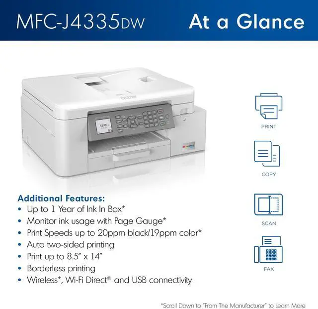 Alt view image 2 of 7 - MFC-J4335DW INKvestment Tank Wireless All-in-One Color Inkjet Printer, Up to 1-Year of Ink in-Box, Duplex Printing, Mobile and Cloud Print, Works with Alexa