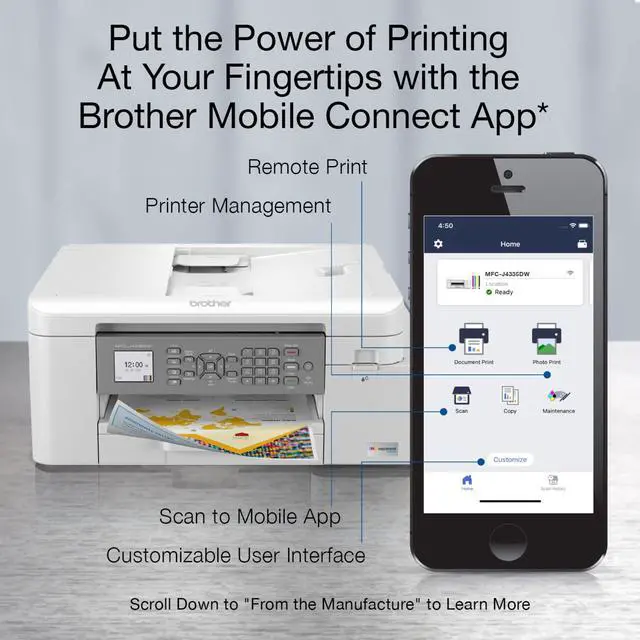 Alt view image 3 of 7 - MFC-J4335DW INKvestment Tank Wireless All-in-One Color Inkjet Printer, Up to 1-Year of Ink in-Box, Duplex Printing, Mobile and Cloud Print, Works with Alexa