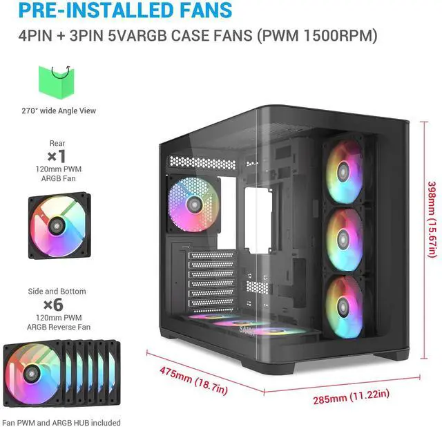 Alt view image 9 of 14 - SAMA V60 PC Case, Mid-Tower Computer Case, A Curved Tempered Glass, 7 Pre-Installed ARGB PWM Fans and Fan Hub, USB Type-C, ATX/MATX/ITX Back-Connect Support, 360mm Liquid Cooler Compatible, Black