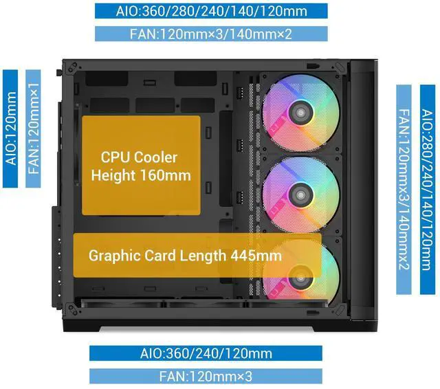 Alt view image 13 of 14 - SAMA V60 PC Case, Mid-Tower Computer Case, A Curved Tempered Glass, 7 Pre-Installed ARGB PWM Fans and Fan Hub, USB Type-C, ATX/MATX/ITX Back-Connect Support, 360mm Liquid Cooler Compatible, Black