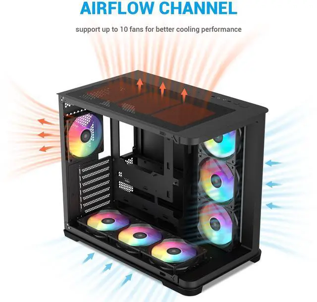 Alt view image 10 of 14 - SAMA V60 PC Case, Mid-Tower Computer Case, A Curved Tempered Glass, 7 Pre-Installed ARGB PWM Fans and Fan Hub, USB Type-C, ATX/MATX/ITX Back-Connect Support, 360mm Liquid Cooler Compatible, Black