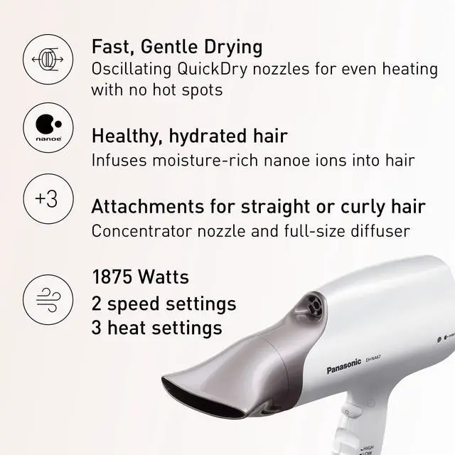 Alt view image 6 of 11 - Panasonic EH-NA67-W Nanoe Salon Hair Dryer with Oscillating QuickDry Nozzle (White)