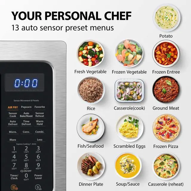 Alt view image 4 of 7 - Toshiba Air Fryer Combo 4-in-1 Countertop Microwave Oven, Smart Sensor, Convection, Mute Function, Position Memory 13.6" Turntable, 1.5 Cu Ft, 1000W, Silver, ML-EC42P(SS)
