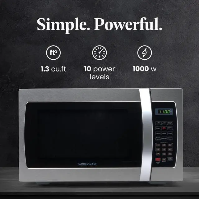 Alt view image 2 of 7 - Farberware Countertop Microwave 1000 Watts, 1.3 Cu. Ft. - Microwave Oven With LED Lighting and Child Lock - Perfect for Apartments and Dorms - Easy Clean Stainless Steel