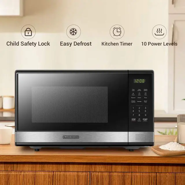 Alt view image 4 of 8 - BLACK+DECKER EM031MB11 Digital Microwave Oven with Turntable Push-Button Door, Child Safety Lock, 1000W, 1.1cu.ft, Black & Stainless Steel, 1.1 Cu.ft