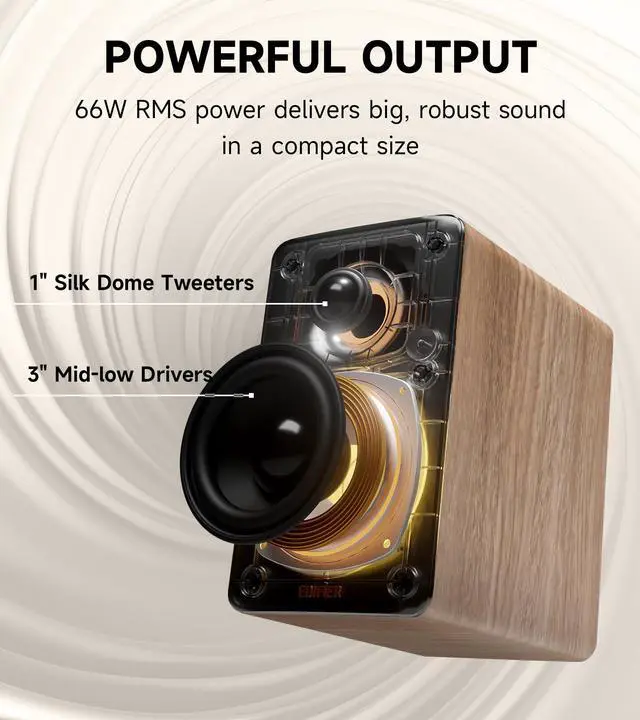 Alt view image 3 of 7 - Edifier M60 Multimedia Speaker Bluetooth 5.3, 66W RMS, Hi-Res Audio & Hi-Res Wireless Audio, LDAC,3" Mid Bass & 1" Tweeter, USB-C & Aux Inputs, Compact Desktop Speaker Classic Oak
