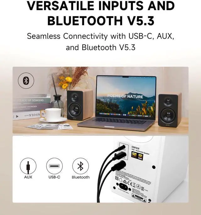Alt view image 5 of 7 - Edifier M60 Multimedia Speaker Bluetooth 5.3, 66W RMS, Hi-Res Audio & Hi-Res Wireless Audio, LDAC,3" Mid Bass & 1" Tweeter, USB-C & Aux Inputs, Compact Desktop Speaker Classic Oak