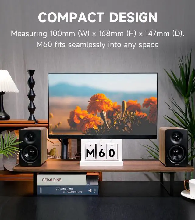 Alt view image 2 of 7 - Edifier M60 Multimedia Speaker Bluetooth 5.3, 66W RMS, Hi-Res Audio & Hi-Res Wireless Audio, LDAC,3" Mid Bass & 1" Tweeter, USB-C & Aux Inputs, Compact Desktop Speaker Classic Oak