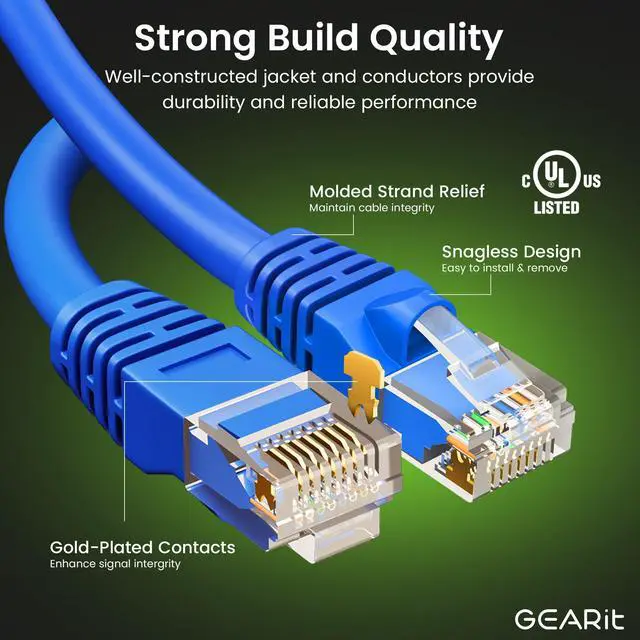 Alt view image 2 of 7 - GEARit Cat 6 Ethernet Cable Pack - 20-Pack 25 ft Cat6 Ethernet Patch Cables | RJ45 Network Patch Cable, 10 Gbps Snagless Gold-Plated Connectors - Ethernet Cable Cat 6 for PC, TV, Router - Blue