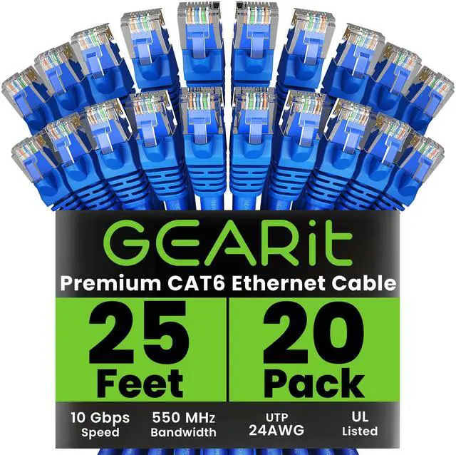 Main image of GEARit Cat 6 Ethernet Cable Pack - 20-Pack 25 ft Cat6 Ethernet Patch Cables | RJ45 Network Patch Cable, 10 Gbps Snagless Gold-Plated Connectors - Ethernet Cable Cat 6 for PC, TV, Router - Blue