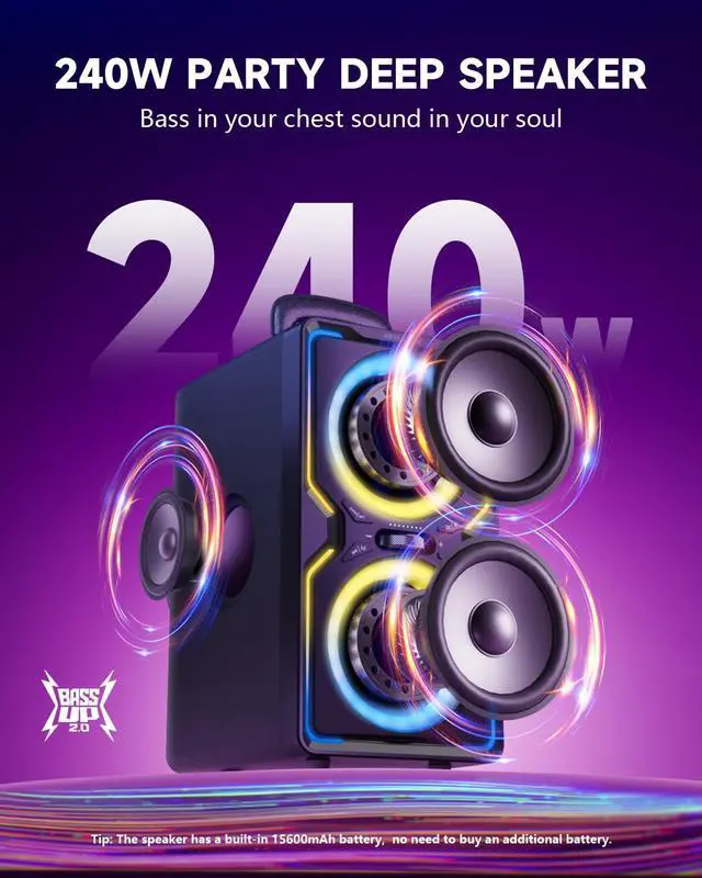 Alt view image 2 of 7 - Large Bluetooth Speaker: 240W Peak Powerful Loud Sound with Deep Bass, 15H Playtime, Fast Charge, TWS, Portable Wireless Speakers for Outdoor, Party, Beach, Backyard, Home, Outside (Black)
