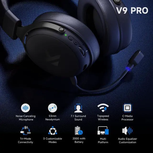 Alt view image 4 of 7 - MCHOSE V9 PRO Wireless Gaming Headset 7.1 Surround Sound for PS5 PS4 PC SWITCH TOPSPEED Gaming Headphones with Noise Canceling Mic, 250Hr Battery, Low 15ms Latency, Lightweight, BT 5.3 FPS Games Black