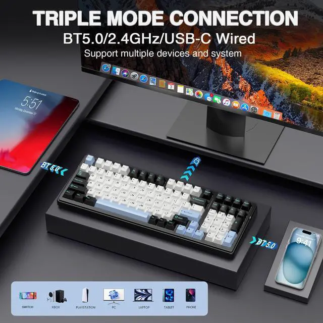 Alt view image 2 of 7 - F99 Wireless Mechanical Keyboard,Tri-Mode BT5.0/2.4GHz/USB-C Hot Swappable Custom Keyboard,Pre-lubed Linear Switches,RGB Backlit Gaming Keyboards for PC/Tablet/Xbox/PS4/PS5