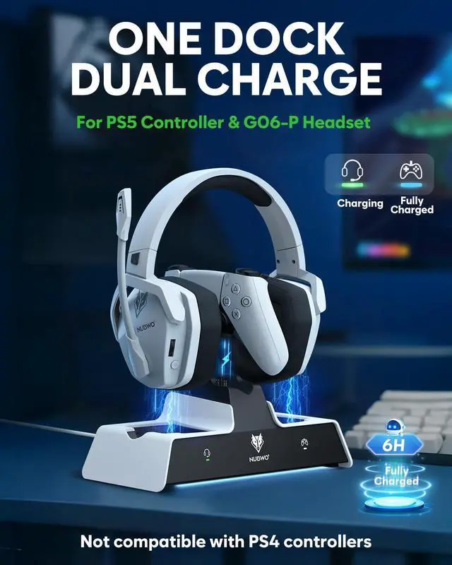 Alt view image 2 of 7 - G06 Pro Wireless Gaming Headset with Charging Station for Headset & PS5 Controller, 17ms Low Latency, 120H Battery Life, Dynamic 50mm Drivers-White (Only Compatible with PS5)