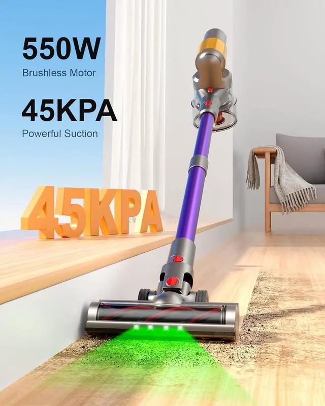 Alt view image 3 of 7 - Cordless Vacuum Cleaner, 2 Batteries 120 Mins Runtime 45Kpa 550W, Stick Vacuum with Anti-Tangle Design, Self-Standing, Vacuum Cleaners for Home, Hardwood Floor, Carpet, Pet Hair