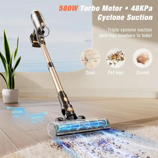 Alt view image 2 of 7 - Cordless Vacuum Cleaner, 580W 48KPA 70 Mins Vacuum Cleaners for Home, Self-Standing Stick Vacuum with Wall Mount Charge, Touch Screen, Ultra High-Power Brush for Pet Hair/Plush Carpet/All Floor