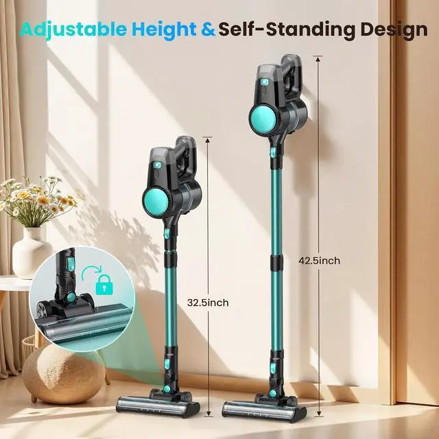 Alt view image 6 of 7 - N3T Cordless Vacuum Cleaner,Wireless Stick Vacuum with 40mins Runtime,Self-Standing,Anti-Tangle Brush,Rechargeable Lightweight Vacuum Cleaner for Home,Hardwood Floor,Pet Hair, Carpet-Green