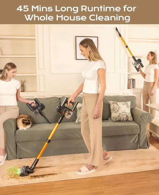 Alt view image 3 of 7 - Cordless Vacuum Cleaner, 45Mins Powerful Vacuum Cleaners for Home, Lightweight Stick Vacuum Cordless with Advanced Green Light Tech, Rechargeable Battery Vacuum for Carpet,Pet Hair,Hardwood Floor