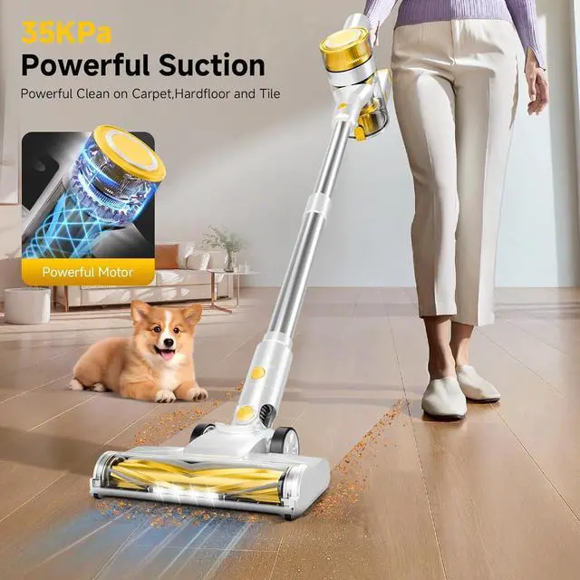 Alt view image 2 of 7 - Cordless Vacuum Cleaner for home, Powerful Stick Vacuum Cleaner with Rechargeable Battery, 6 in 1 Lightweight Handheld Vacuum, 45 Mins Runtime Cordless Vacuum for Hardfloor & Carpets Pet Hair (yellow)
