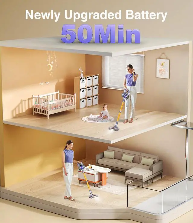 Alt view image 3 of 7 - Cordless Vacuum Cleaner, 450W 40Kpa Powerful Stick Vacuum, Up to 50Mins Rechargeable Battery, Vacuum Cleaners for Home Anti-Tangled Lightweight Handheld for Hardwood Floor, Carpets, Pet Hair