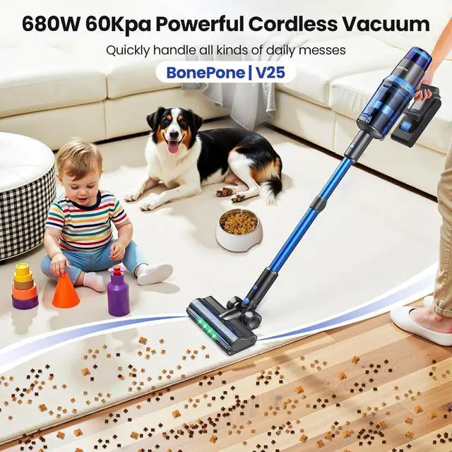 Alt view image 2 of 7 - V25 Cordless Vacuum Cleaner, 680W 60Kpa Powerful Stick Vacuum with Dust Sensor, Digital Display, 4000mAh Rechargeable Battery up to 60Mins, Versatile for Pet Hair, Floor, Carpet (Royal)