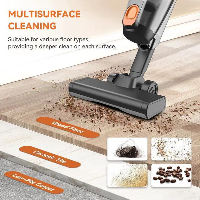 Alt view image 3 of 7 - Corded Stick Vacuum Cleaner, 20000pa Powerful Suction Stick Vacuum with 16Ft Cord, 2 in 1 Lightweight Vacuum Cleaner for Hard Floor Pet Hair - Orange