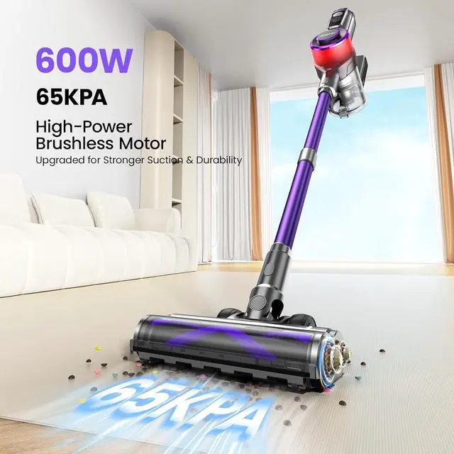 Alt view image 3 of 7 - Cordless Vacuum Cleaner,600W 65KPA Dual Motor Vacuum for Home with AI Auto Suction,70Min Runtime,Stick Vacuums with Self-Standing Design,LED Headlights for Carpet,Hardwood Floors,Pet Hair,Tile