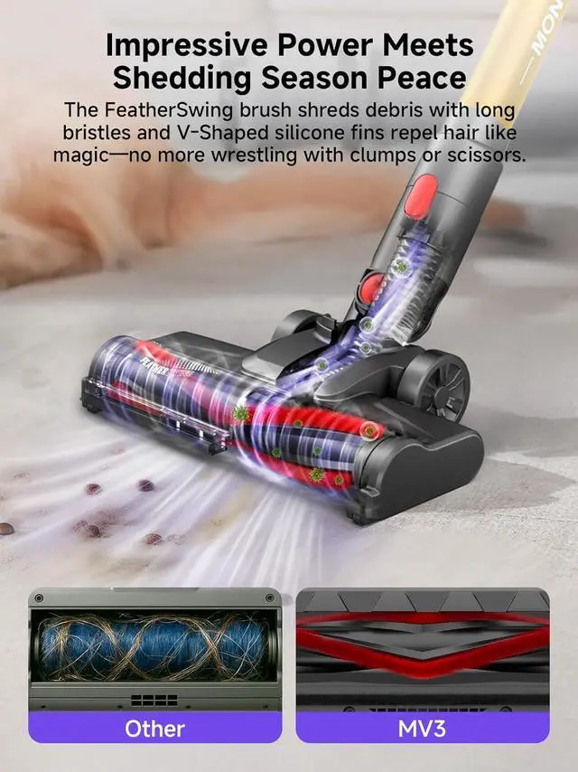 Alt view image 4 of 7 - MONSGA Cordless Vacuum Cleaner, 45KPa 400W Stick Vacuum for Home, 50Mins Anti-Tangled Vacuum Cleaner with Charging Dock, Light-weighted Handheld Vacuum for Pet Hair/Carpet/Floor, LED Touch Display,MV3