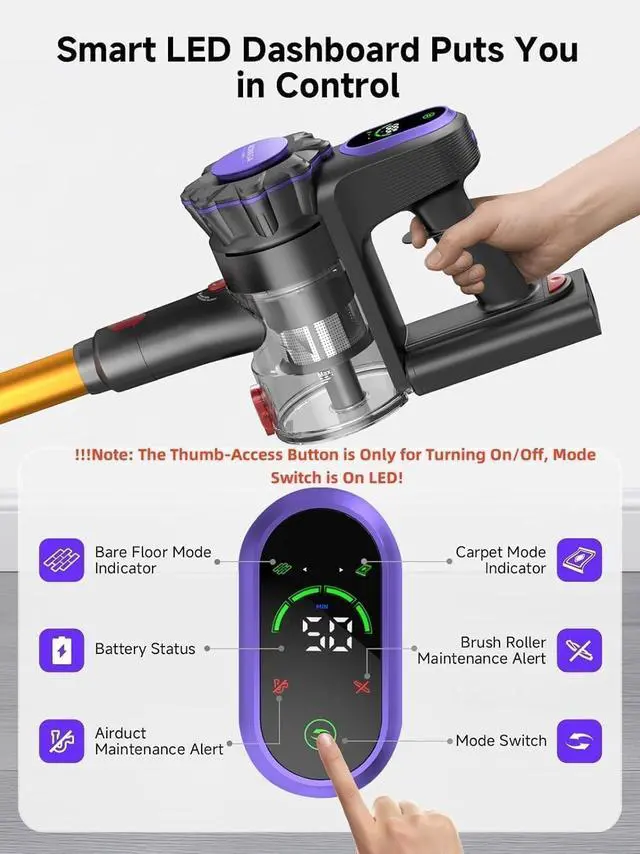Alt view image 5 of 7 - MONSGA Cordless Vacuum Cleaner, 45KPa 400W Stick Vacuum for Home, 50Mins Anti-Tangled Vacuum Cleaner with Charging Dock, Light-weighted Handheld Vacuum for Pet Hair/Carpet/Floor, LED Touch Display,MV3